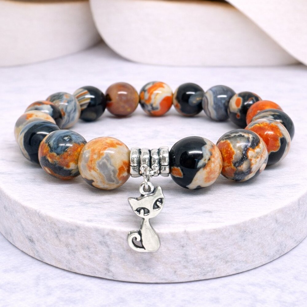 Orange Fire Agate Stone 10mm Beads Cat Charm Stretch Bracelets